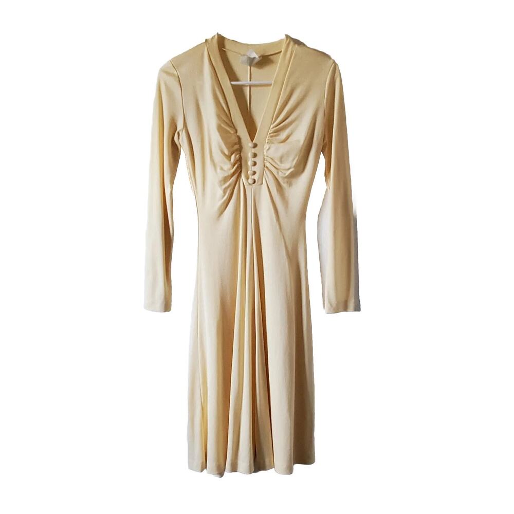 Vintage Aldens A-Line Dress Womens 7/8 Cream Long Sleeve Ruched Nylon V Neck
